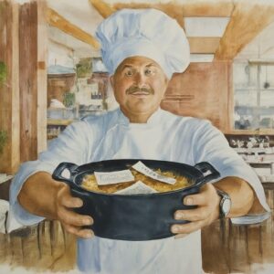 A watercolor image of a male chef holding out an iron pot containing a casserole and pieces of paper with writing on them